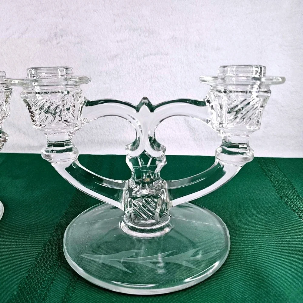 Pair Vintage Etched Glass Taper Candle Holders Double Arm Candelabra Crystal‎